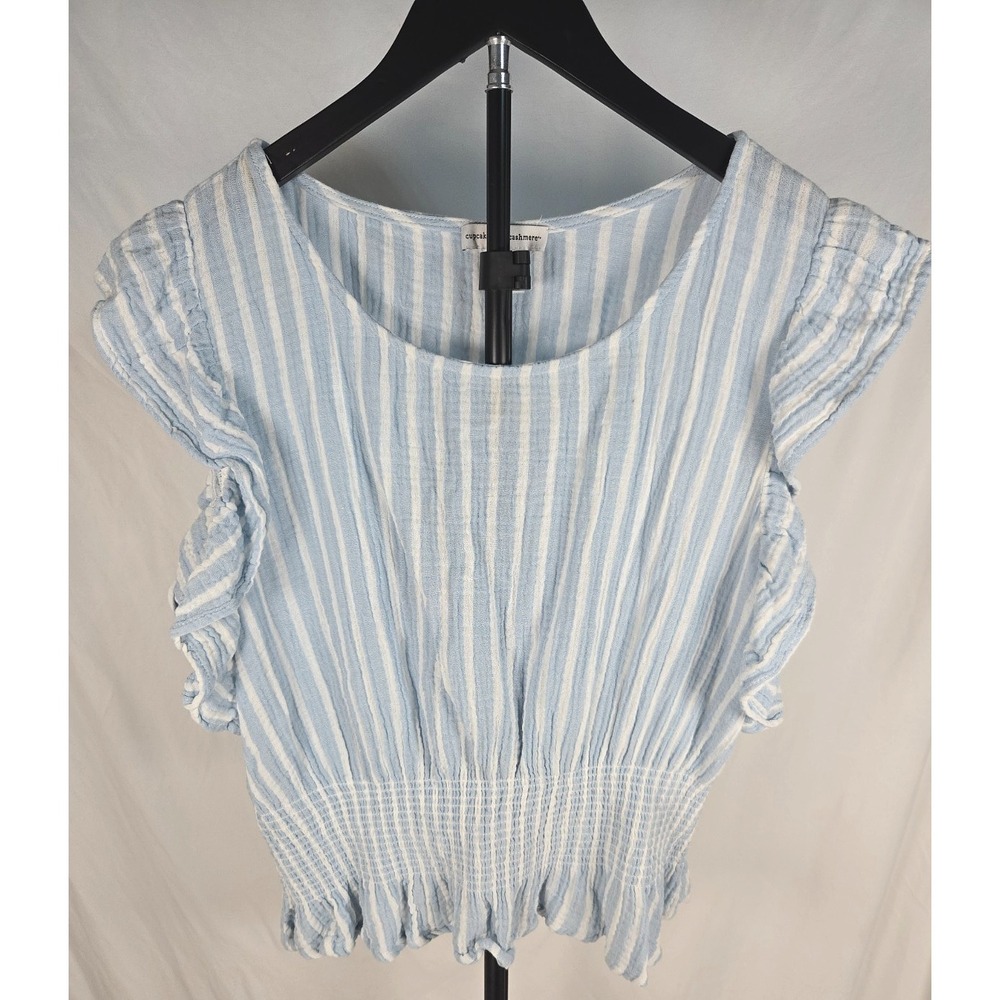 Blue White Stripe Cotton Gauze Top L Ruffle Sleeve Smocked Coastal Cottagecore